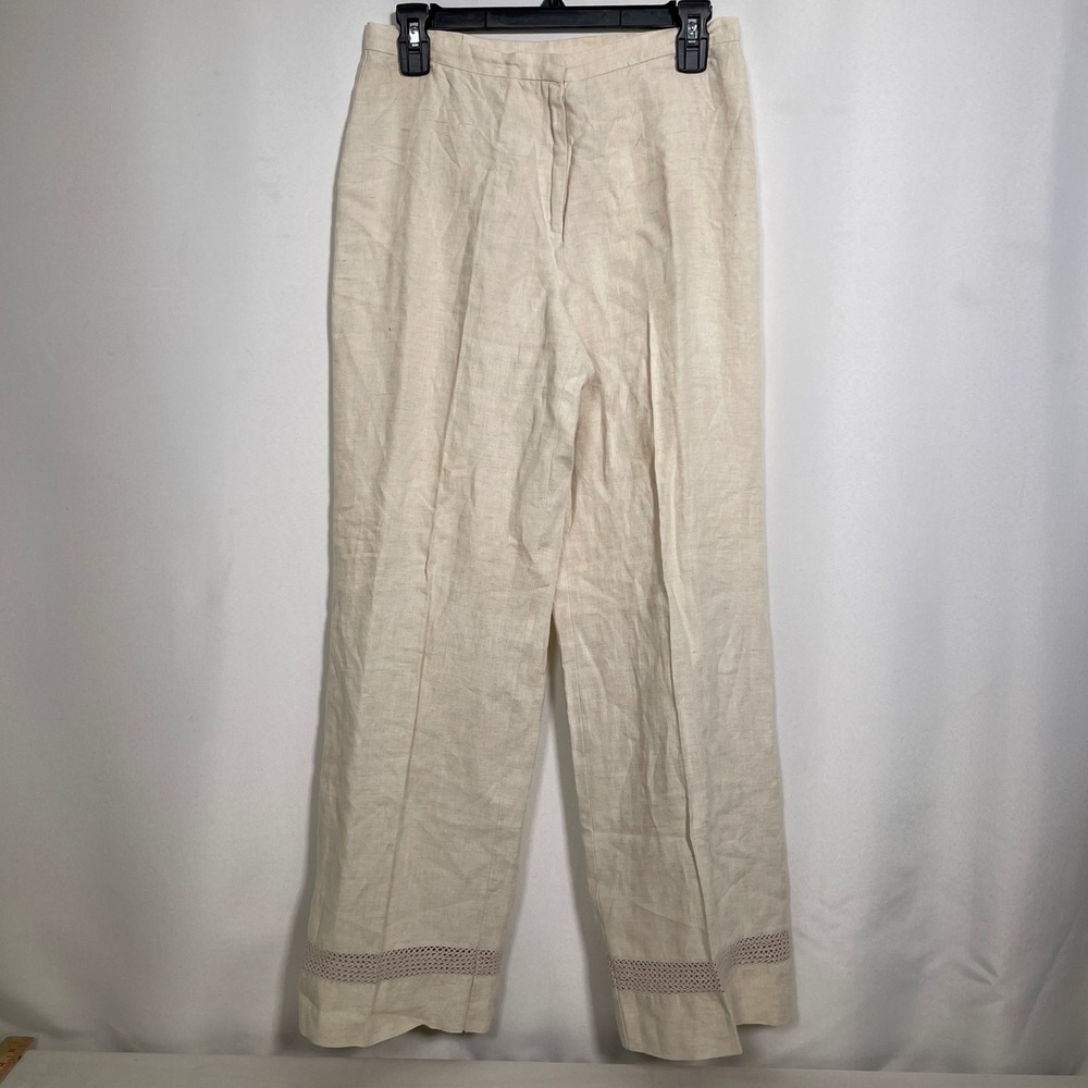 Willi Smith Oatmeal Beige 100% Linen Wide Leg Crochet Lace Pants Women's Sz 6
